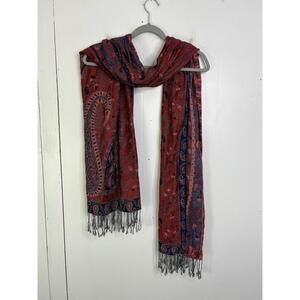 Cashmere Scarf Jerusalem Fringe Trim 56X76 Red Navy Paisley Motif Tapestry